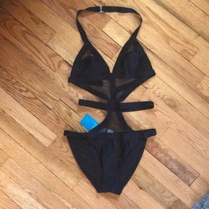 One piece mesh cut out black swimsuit.